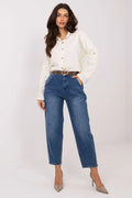 jean femme taille haute coupe ballon longueur cheville denim bleu coton élasthanne stretch ceinture ajustable poches fermeture éclair