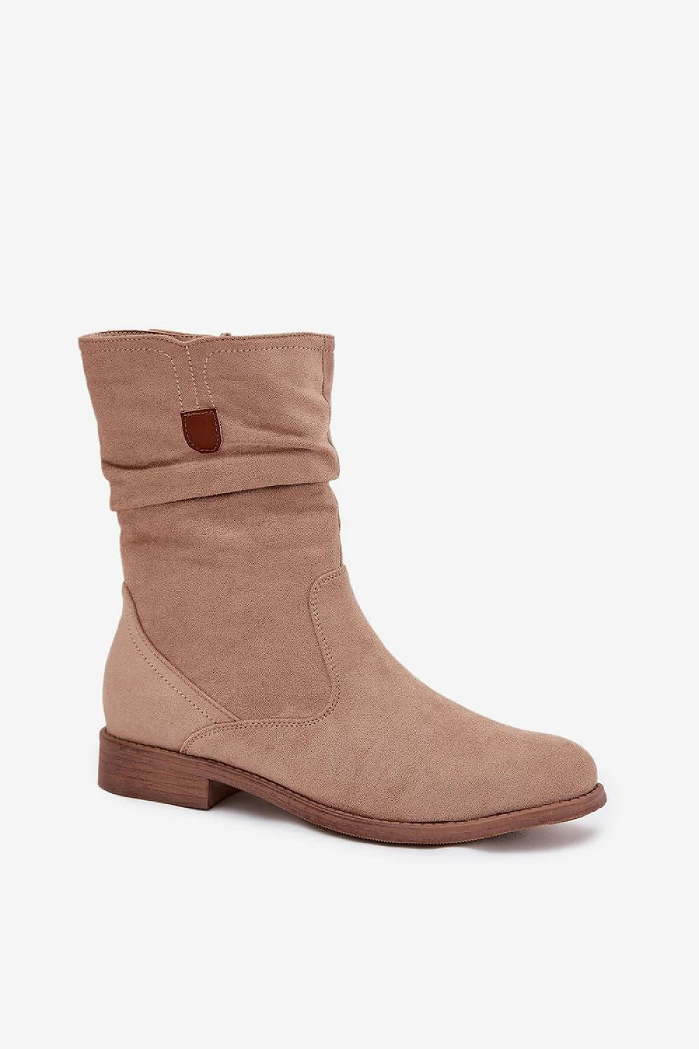 bottes femme suédine écologique beige nude mi mollet slouchy bout arrondi zippée latérale talon bas effet bois semelle robuste confortable