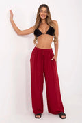 Pantalon femme Italy Moda large rouge taille haute ceinture élastique poches latérales été confort mode