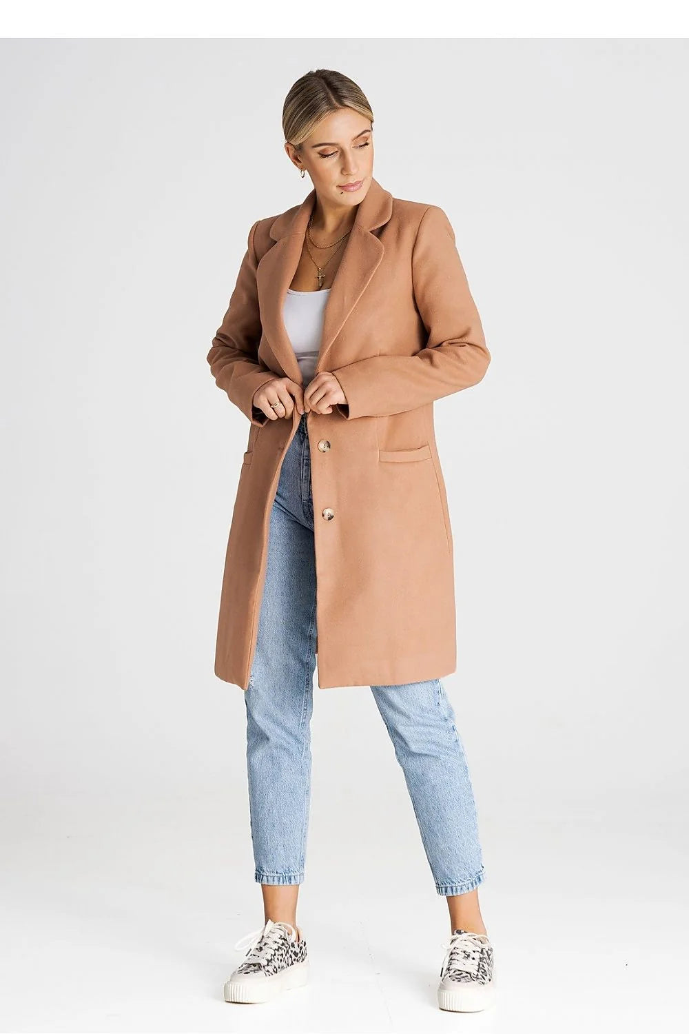 Manteau pour femme élégant longueur genou col matelassé boutons poches passepoilées laine acrylique polyester veste hiver