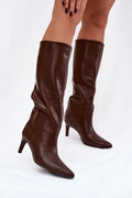 bottes hautes femme marron chocolat similicuir tige droite genou bouts pointus talons fins kitten élégantes doublures chaudes confortables