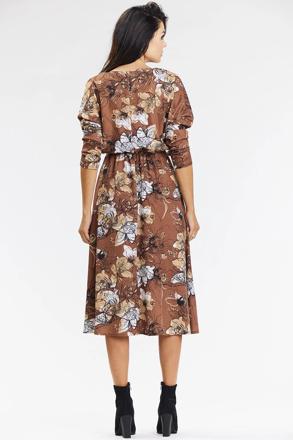 Robe boho-chic mid manches longues encolure V taille cintrée tissu floral marron femme occasion élégante