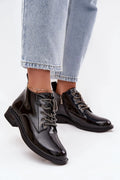 bottines femme cuir verni noir brillant derby bout arrondi œillets métalliques lacets ronds embouts fermeture éclair semelle antidérapante