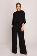 Combinaison Stylove élégante pour femmes en polyester, style moderne, noir, occasion formelle, coupe ample, manches larges, col rond, finitions discrètes, confort optimal, pantalon large, silhouette sophistiquée