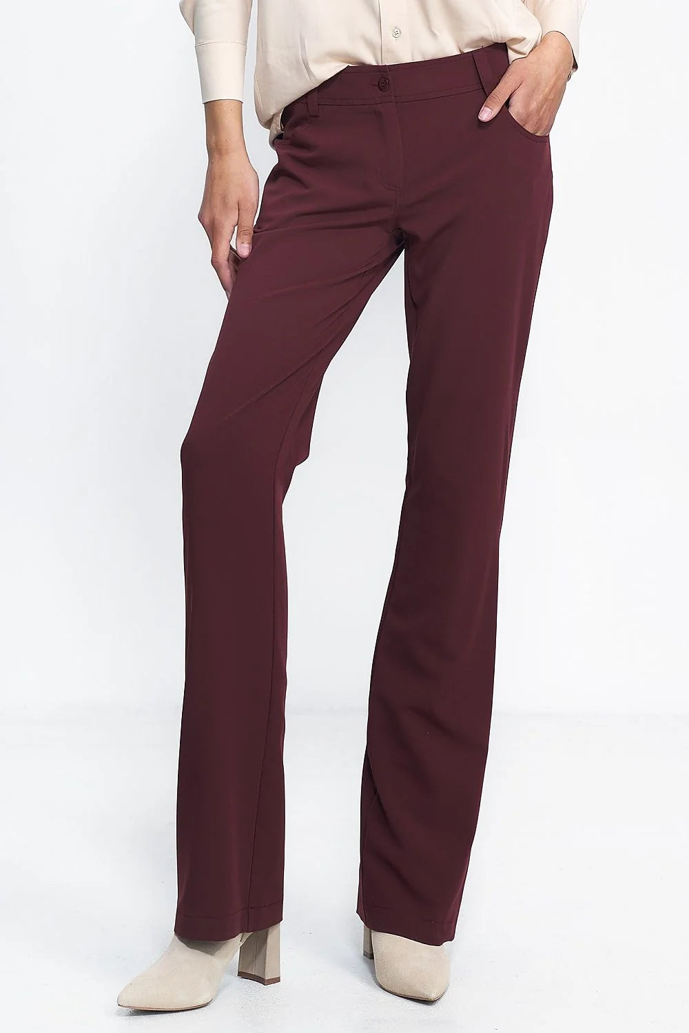 Pantalon long Nife bordeaux élasthanne polyester coupe droite évasée taille standard poches latérales ceinture passants