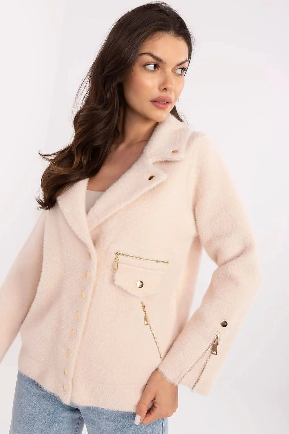 Veste élégante pour femme en mélange de laine, viscose et angora, col cranté, boutons dorés, coupe droite, poches zippées