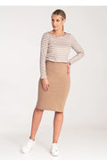 Robe de jour élégante manches longues rayures horizontales beige et blanc coupe ajustée jupe crayon femme