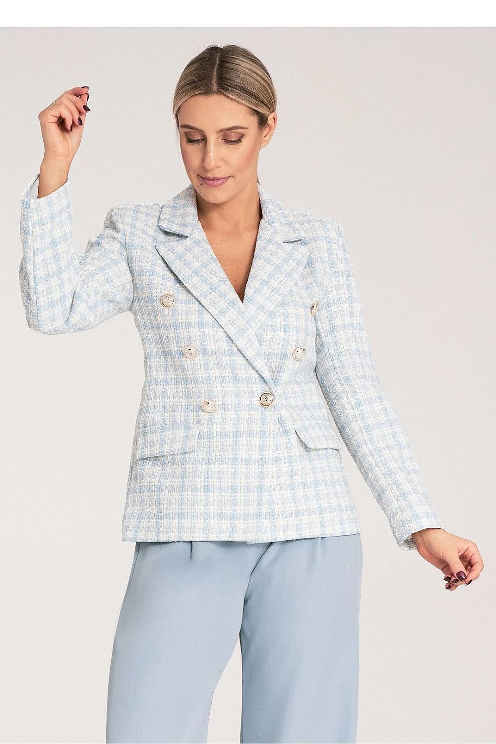 Blazer femme double boutonnage pied-de-poule bleu pâle et blanc taille ajustable coton polyester épaules structurées style élégant