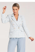 Blazer femme double boutonnage pied-de-poule bleu pâle et blanc taille ajustable coton polyester épaules structurées style élégant