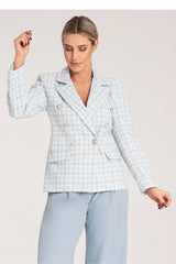Blazer femme double boutonnage pied-de-poule bleu pâle et blanc taille ajustable coton polyester épaules structurées style élégant