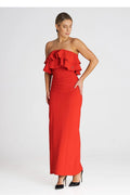 Robe de cocktail élégante longue sans manches volants encolure en mélange polyester élasthanne viscosé pour femme