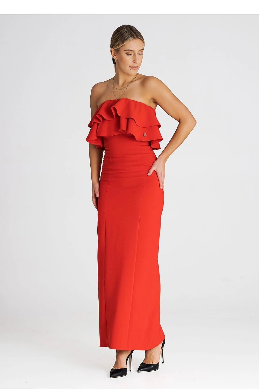 Robe de cocktail élégante longue sans manches volants encolure en mélange polyester élasthanne viscosé pour femme