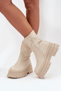 bottines femme simili cuir beige plateforme massive crantée chunky semelle antidérapante bout rond fermeture éclair latérale doublure peluche chaleur