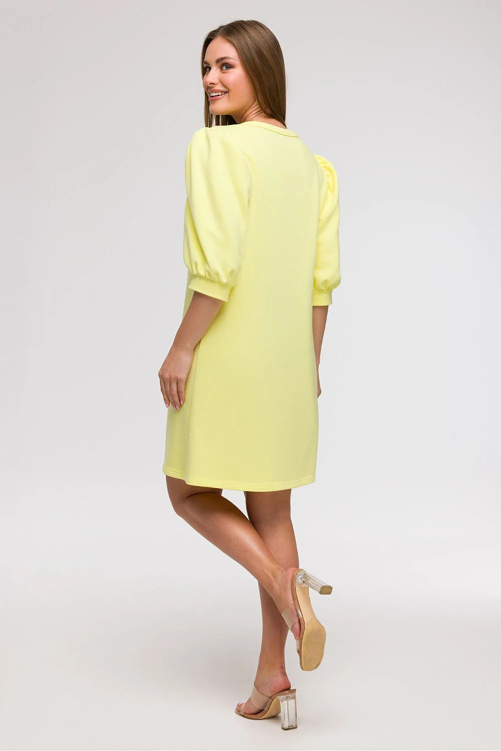 Robe de jour Be Wear jaune pâle manches 3/4 coupe ample style A ligne Polonaise femme été vacation ville