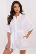 Combinaison Femme Élégante et Décontractée en Mousseline de Coton Blanche Manches Mi-Longues Ceinture en Tissu Poches Latérales Occasions Estivales Italie Moda