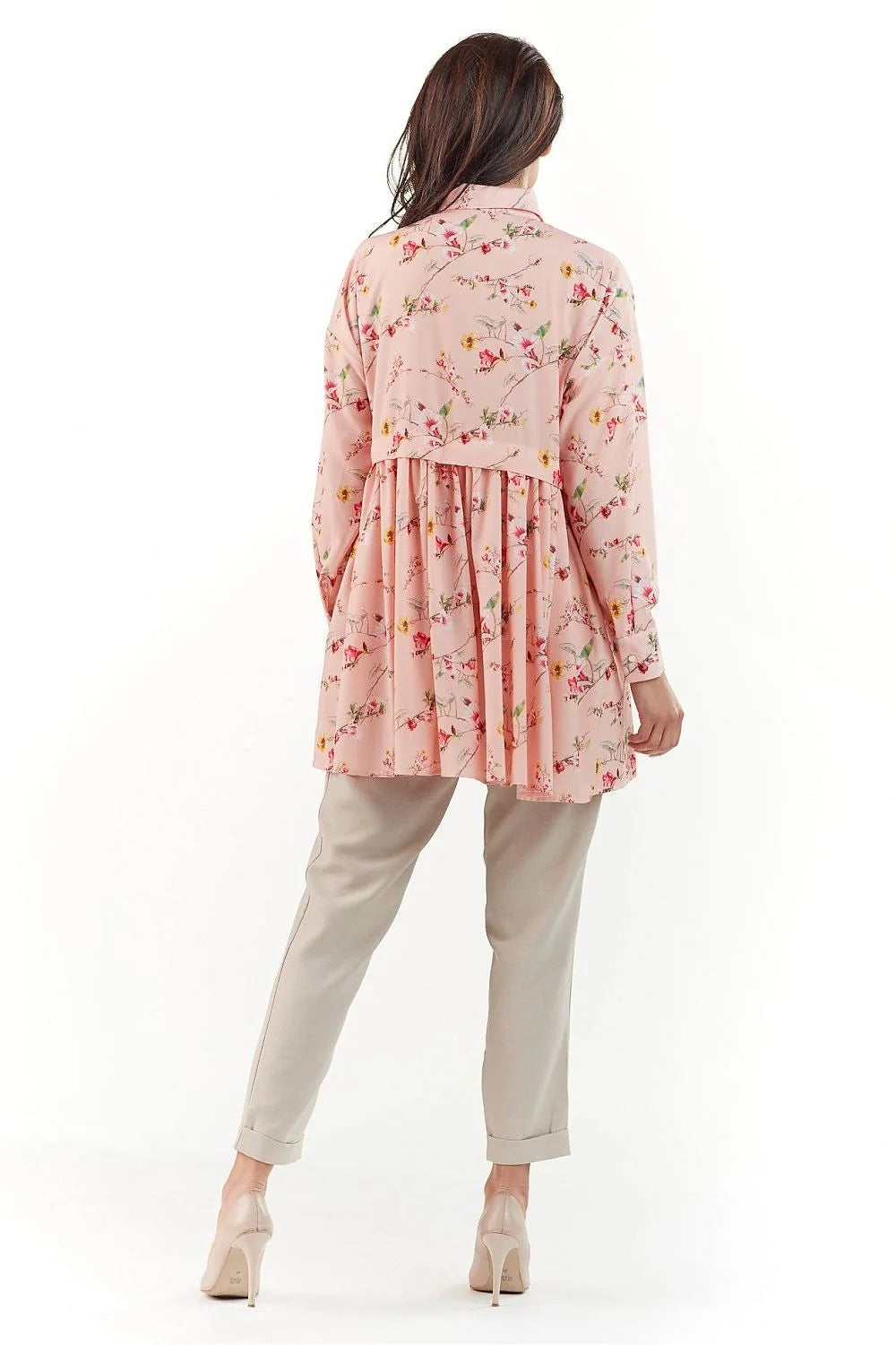 ensemble tunique pantalon floral rose pale polyester manches longues coupe droite semiformelle fluide doux col chemise mi cuisse