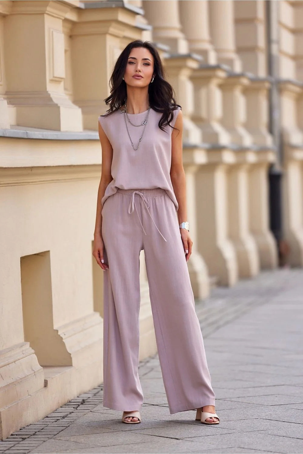 Pantalon femme Roco Fashion taille haute large jambes longues pastel sans manches occasionnels décontracté chic élégant
