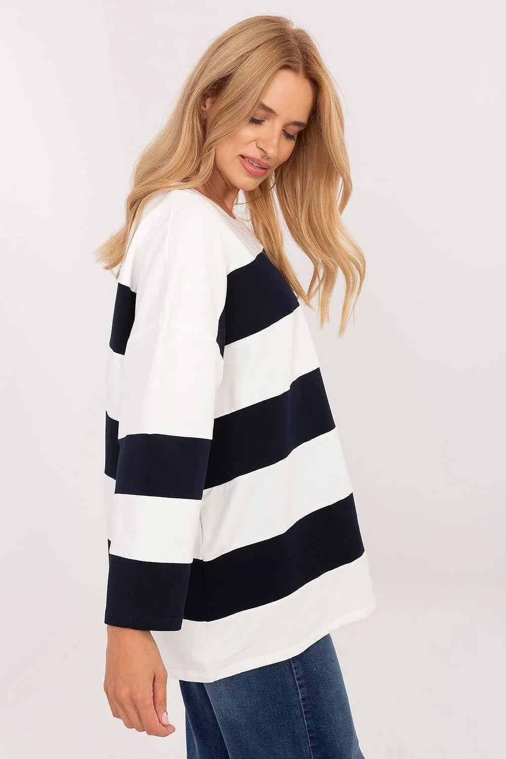 chemisier oversize femme marinière rayures bleu marine blanc manches longues col rond maille jersey douce tunique longueur