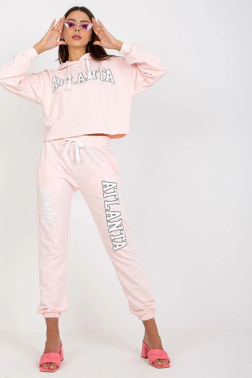 ensemble sportswear femme urbain athleisure molleton doux bleu ciel sweat capuche cordon blanc imprimé ATLANTA pantalon jogging fuselé