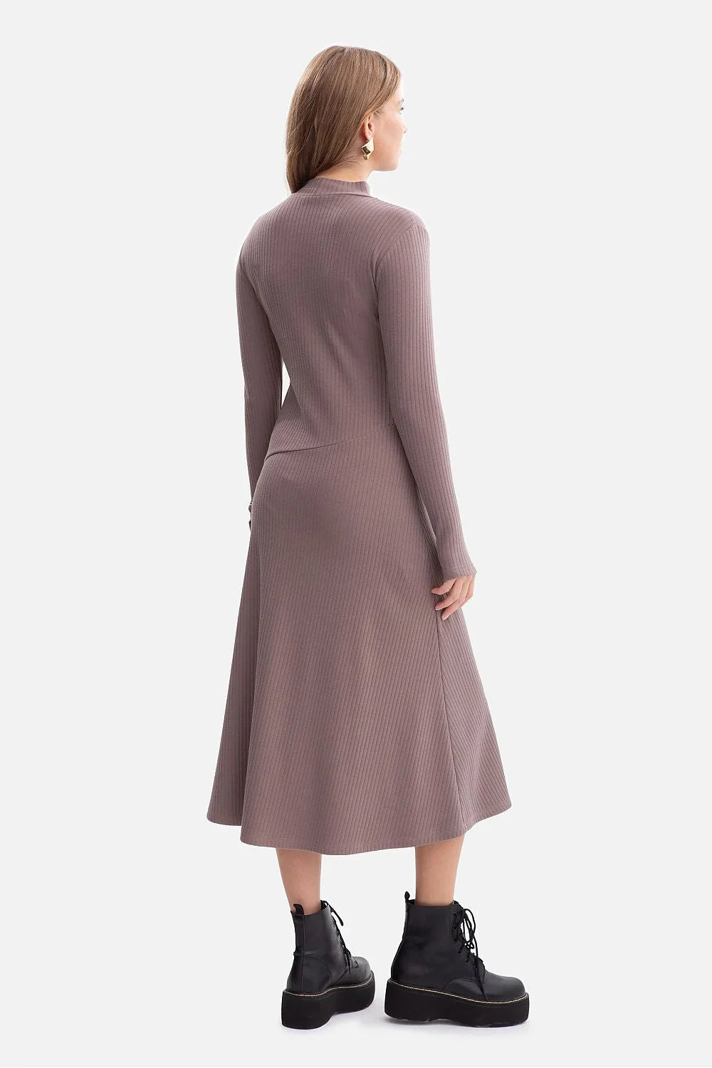 robe midi femme côtelée pull col montant manches longues découpe pouce taille marquée jupe légèrement évasée extensible douce vieux rose