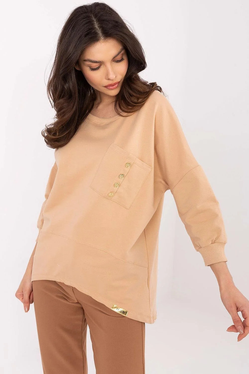 chemisier élégant confortable coton extensible élasthanne col rond manches trois quarts poche boutons décoratifs longueur tunique polyvalent femme