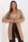 cardigan long femme beige taupe oversize maille épaisse duveteuse col V franges bouclées poignets côtelés base mi cuisse bohème chic