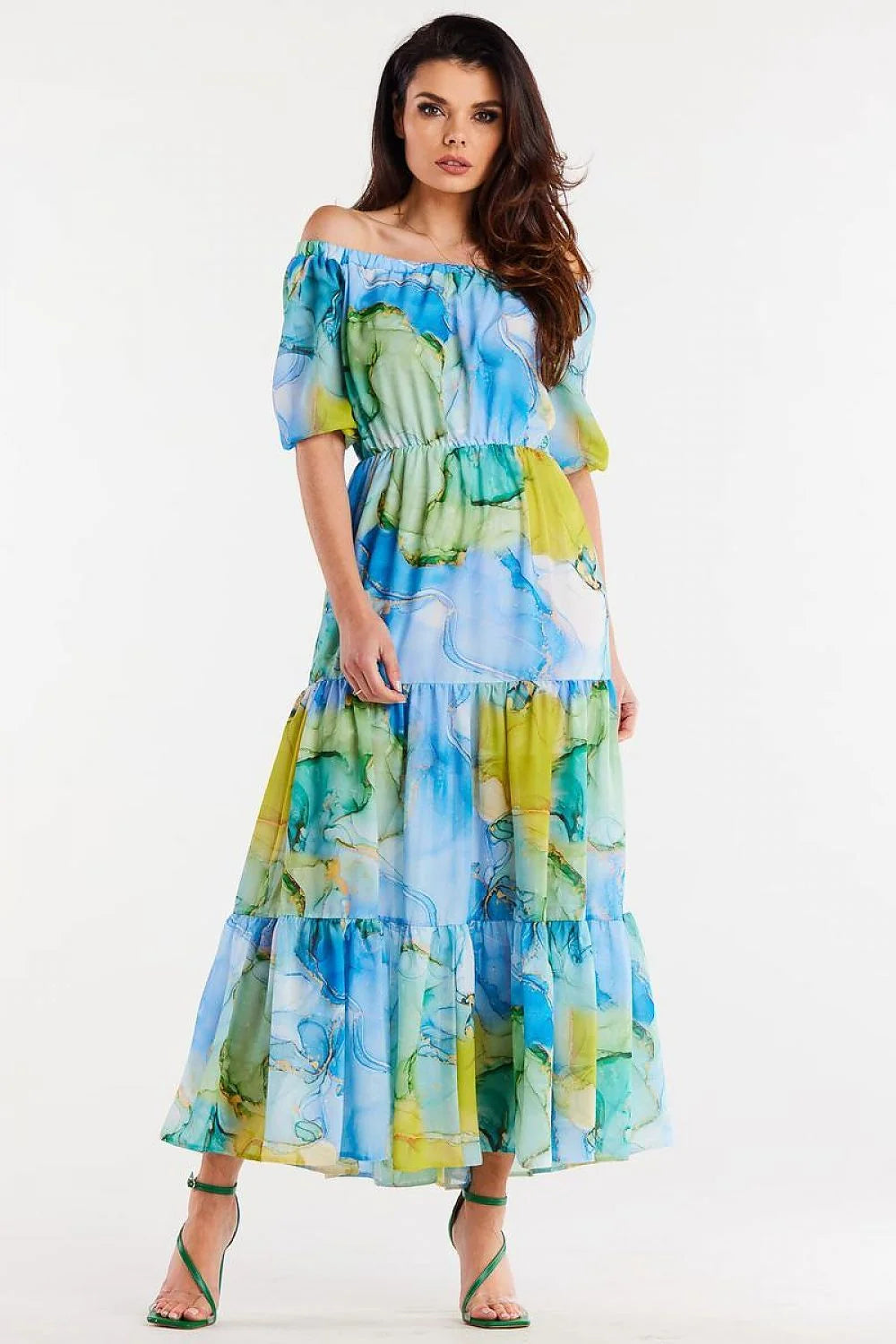 Robe de jour bohème multicolore en mousseline longue manches courtes élastique à la taille pour femme