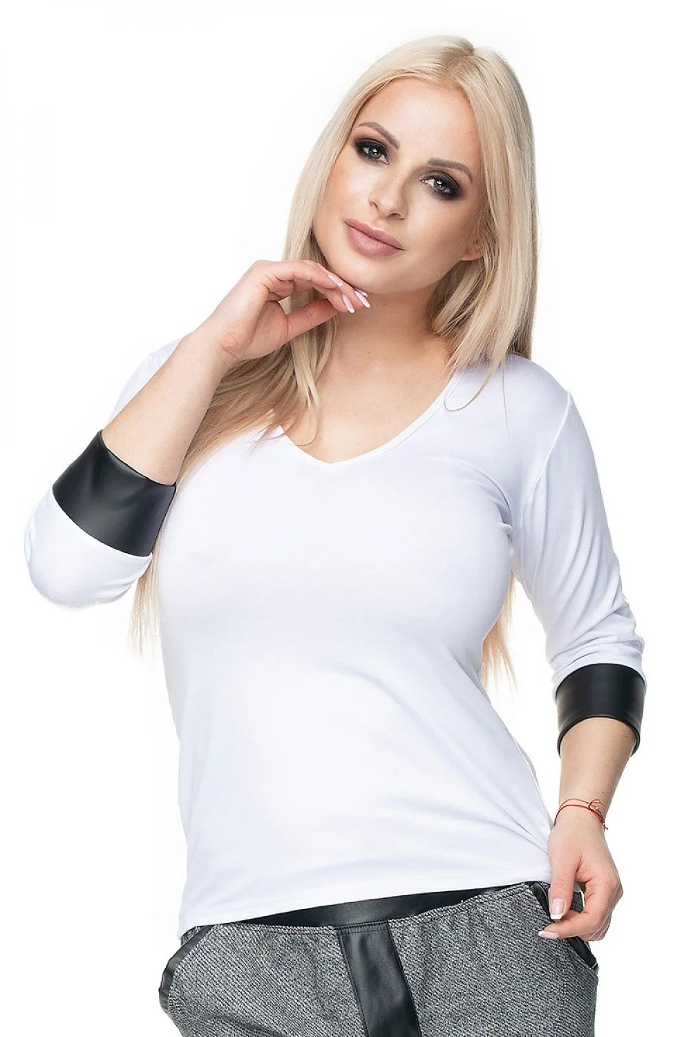 Chemisier Pee Ka Boo en coton élasthanne manches 3/4 cuir écologique poignets contrastants couleur rouge vif style élégant féminin femme mode