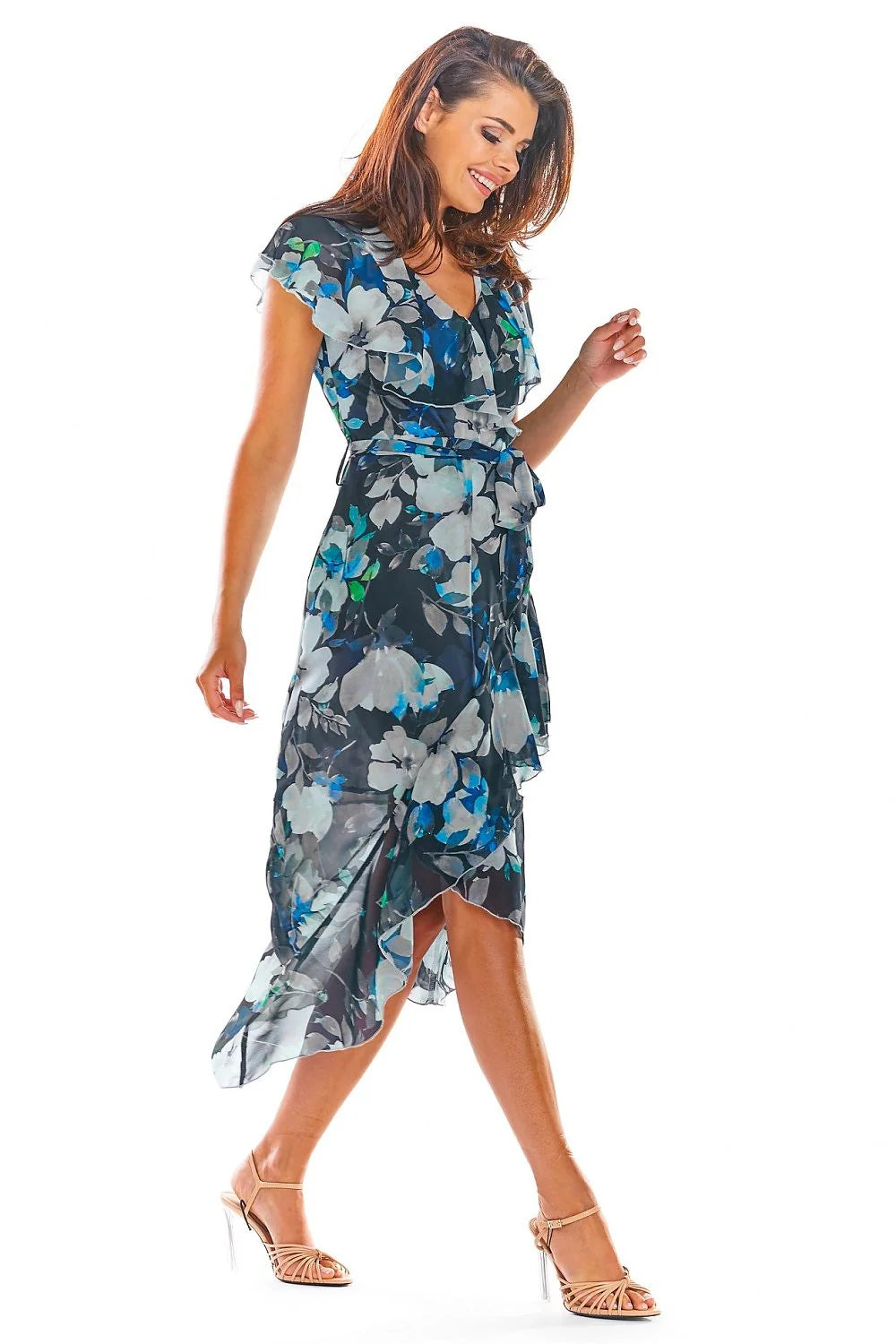 Robe de cocktail élégante asymétrique en mousseline floral manches courtes décolleté V ceinture ajustable femme