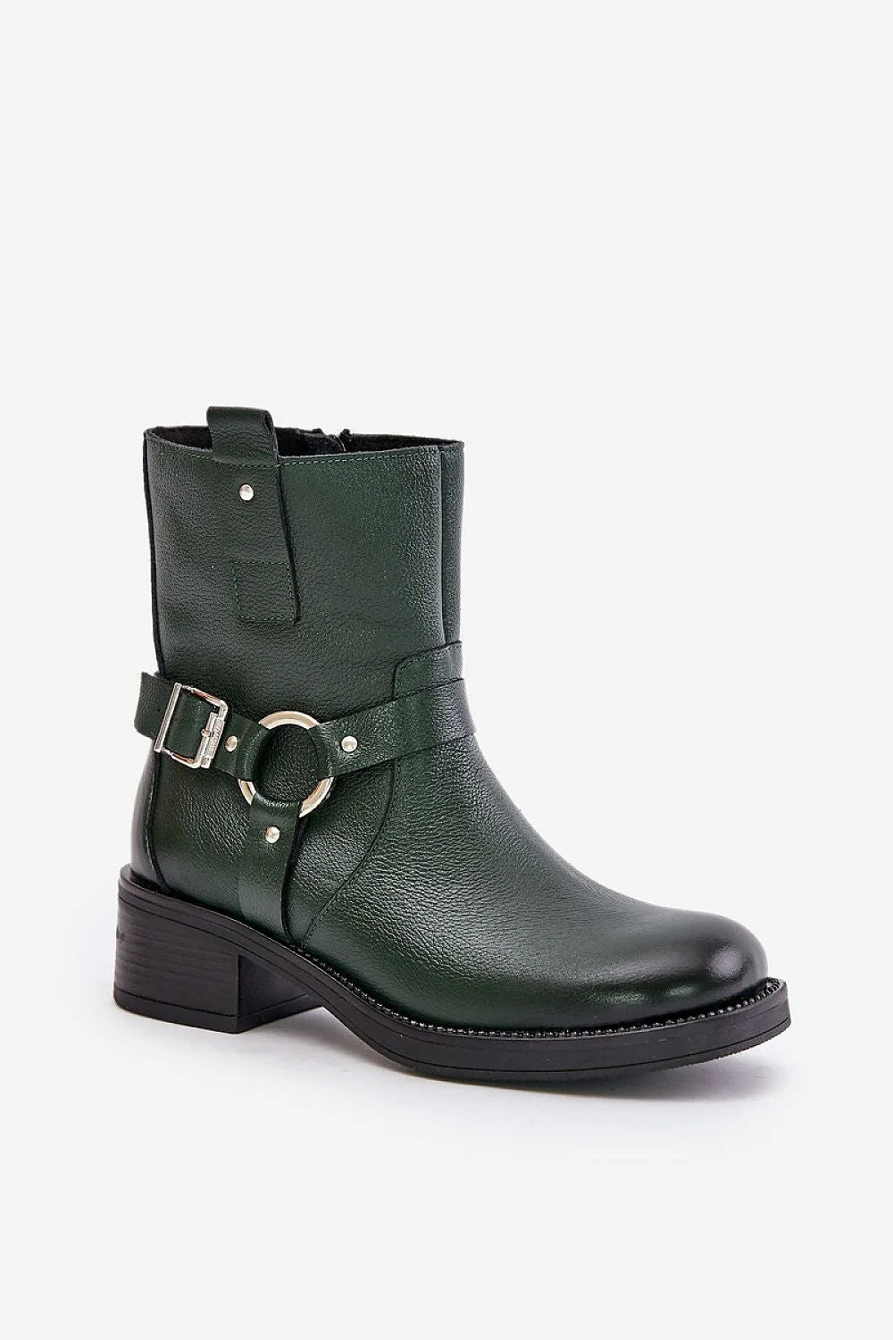 Bottes pour femmes en cuir vert bouteille design moderne style biker talon bas semelle caoutchouc fermeture éclair