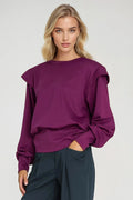 sweatshirt femme oversize col rond manches longues épaules structurées épaulettes poignets larges base droite tissu mat prune polyvalent décontracté chic