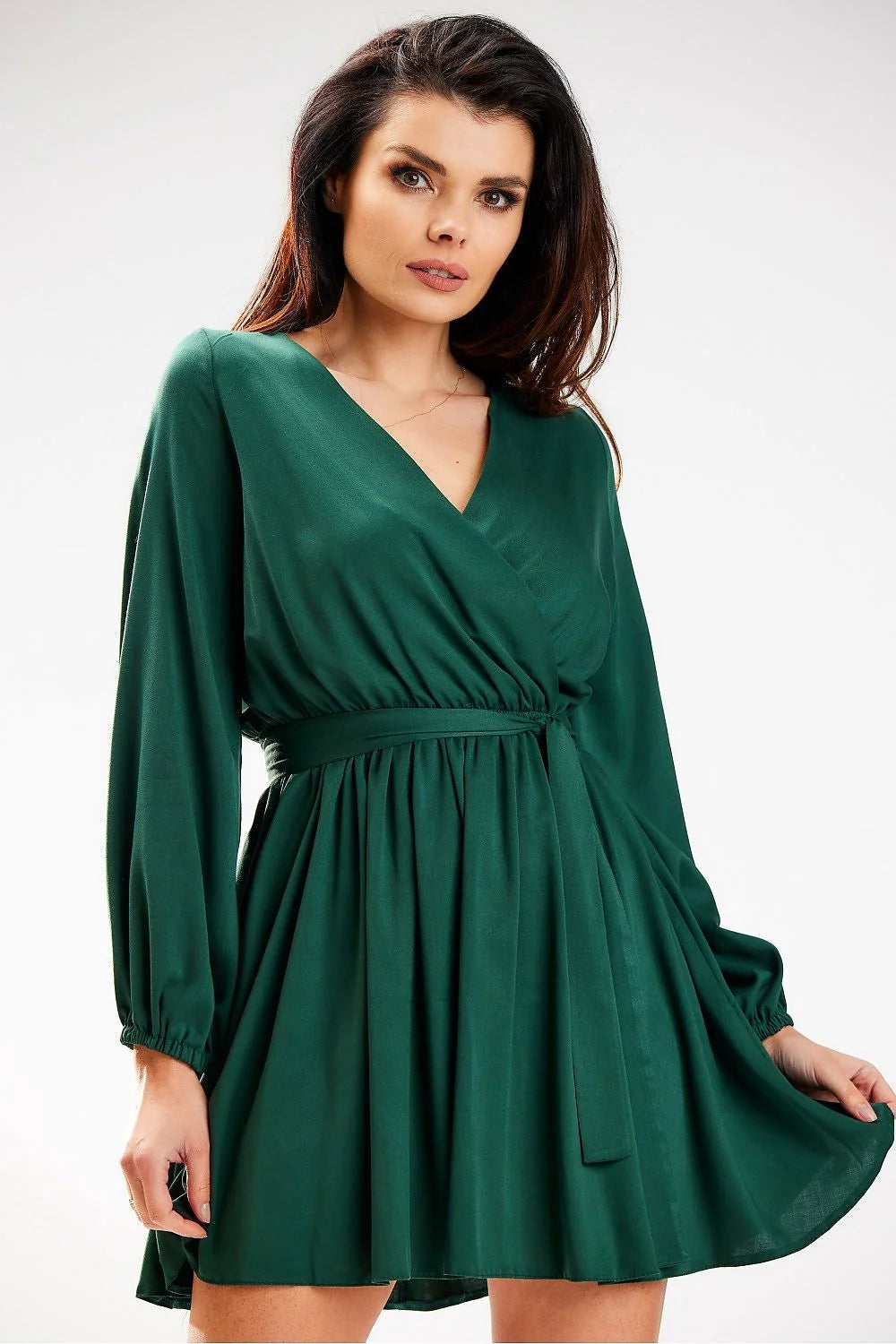 Robe élégante vert émeraude manches longues évasées ceinture assortie taille ajustable polyester viscose femme