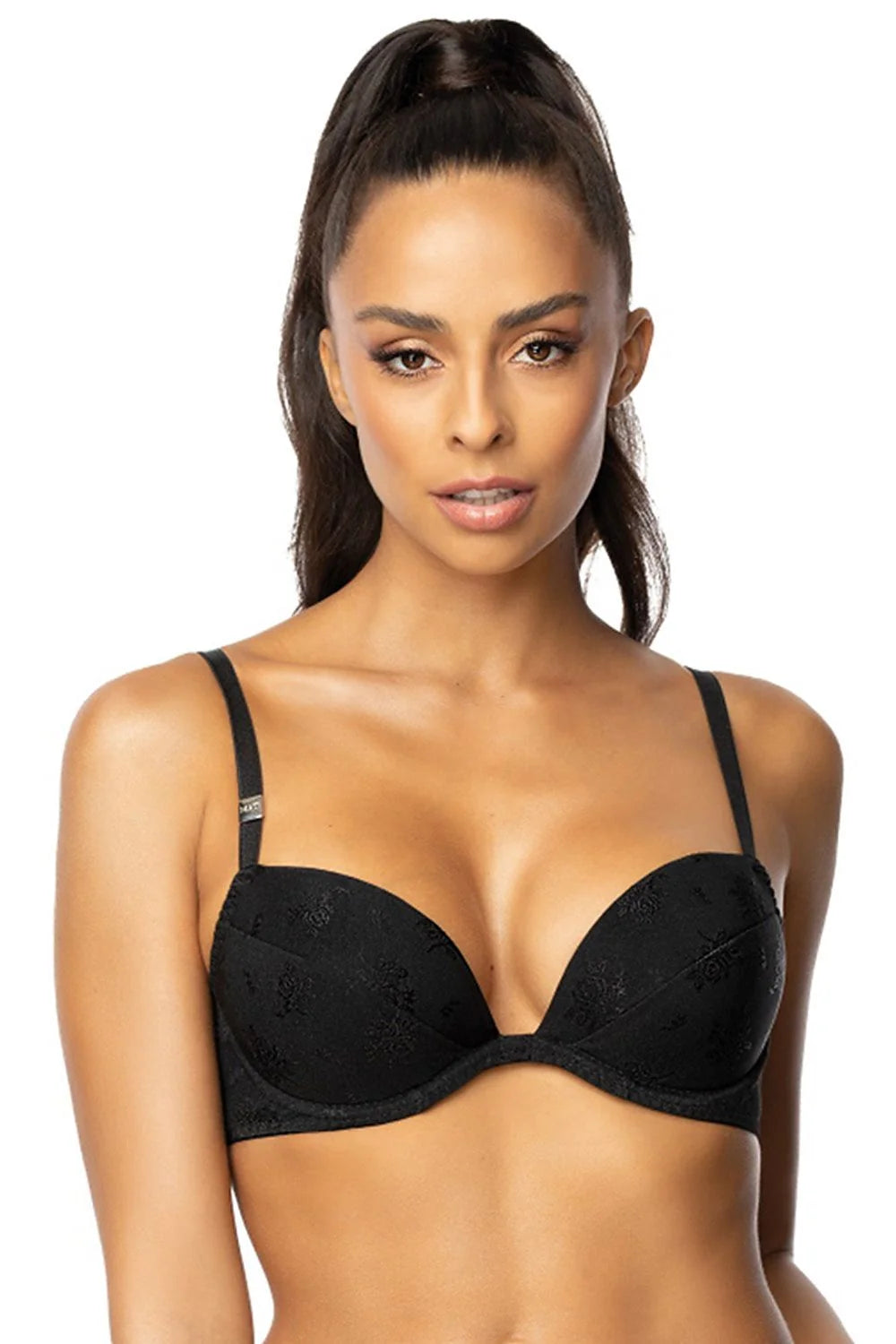 Soutien-gorge push-up élégant en noir avec motifs floraux tissu tricoté lisse doublure coton inserts grossissants amovibles bretelles ajustables fermeture auto-agrippante double boutonnage femme