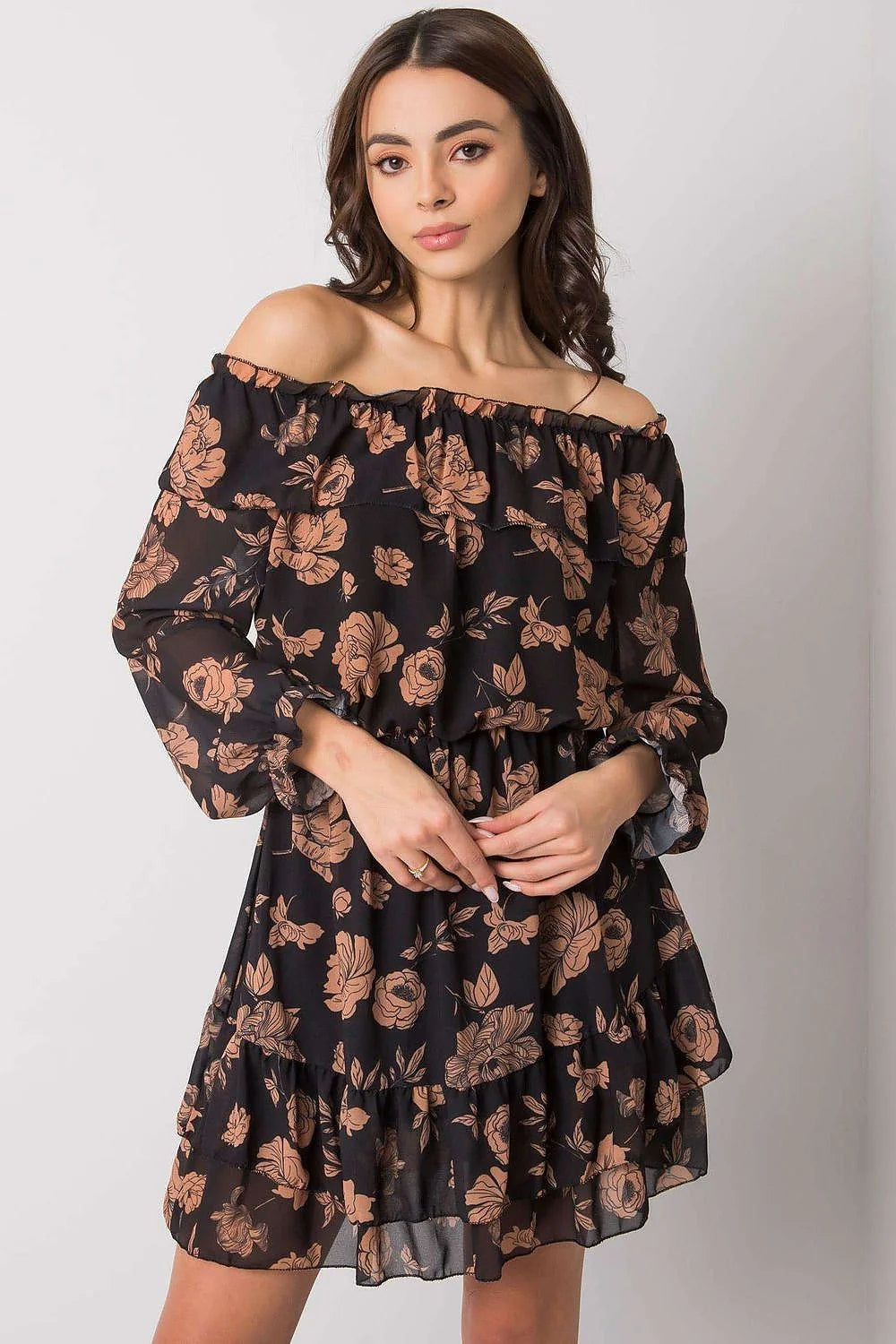 Robe de jour Italy Moda style espagnol décolleté Bardot manches longues élasthanne polyester viscose taille universelle 85 cm 92 cm