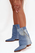 bottines denim bleu pointu talon pilier stable tige mimollet froncée revers chaîne argentée détachable pampille strass bohème chic féminin tendance