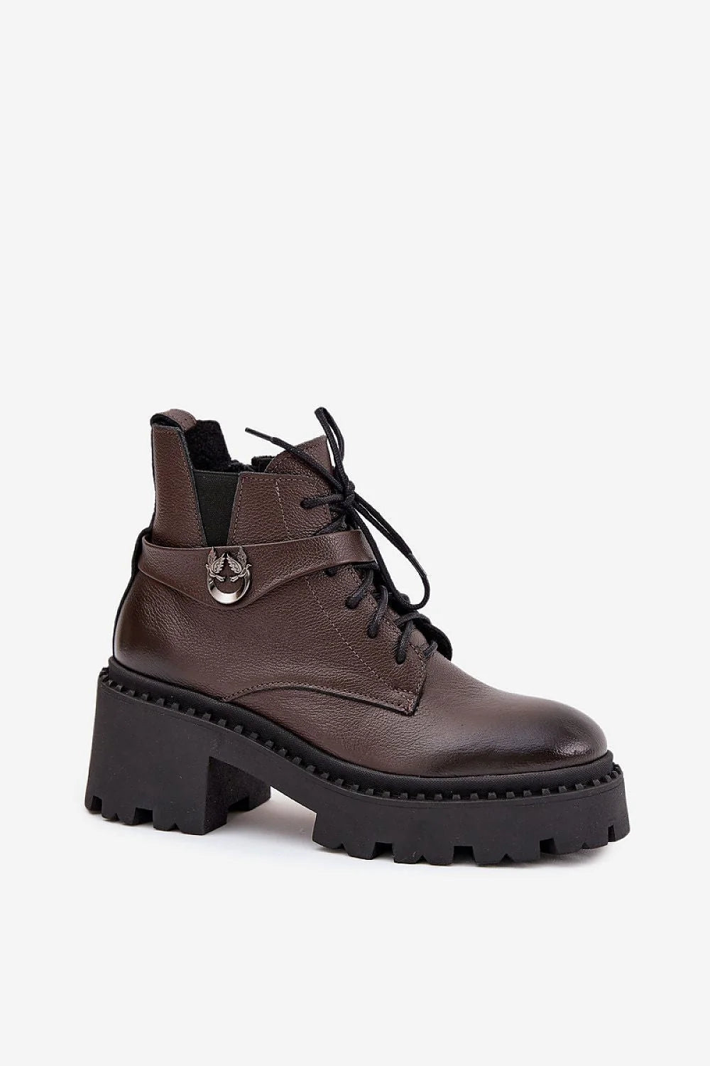 bottines femme cuir naturel grainé doublure feutre chaudes confortables talon bloc stables fermeture éclair bride décorative marron semelle crantée urbaine