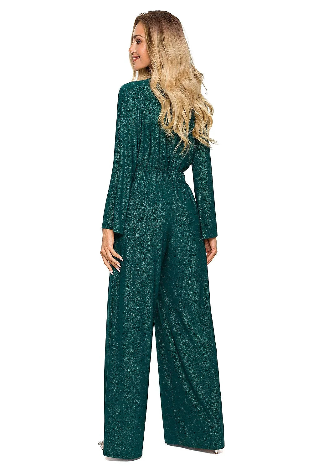Combinaison élégante pour femme style sophistiqué vert pailleté manches longues évasées ceinture intégrée sandales talons hauts
