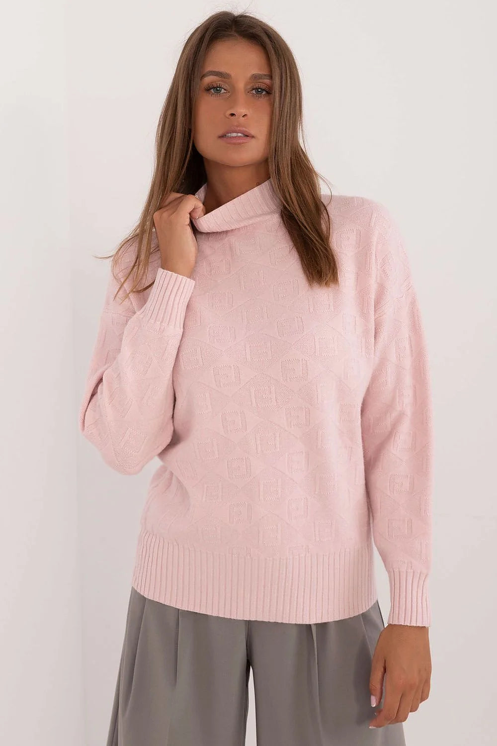 Pull décontracté pour femme en tricot motifs géométriques col roulé manches longues couleur rose pâle