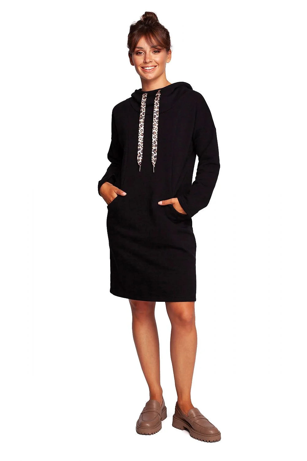 Robe femme mode décontractée capuche col montant imprimé léopard violet coton polyester confortable taille ajustable manches longues poche kangourou