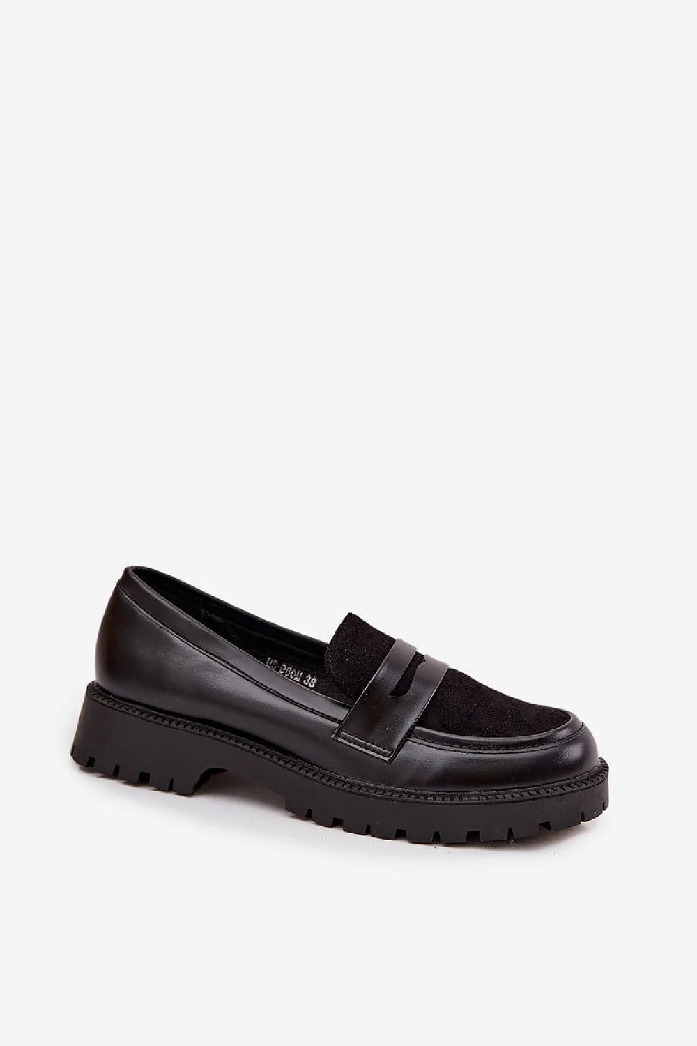 mocassins femme cuir écologique noir suède insert penny bout arrondi surpiqûres minimaliste semelle plateforme crantée antidérapante talon plat confortable polyvalent