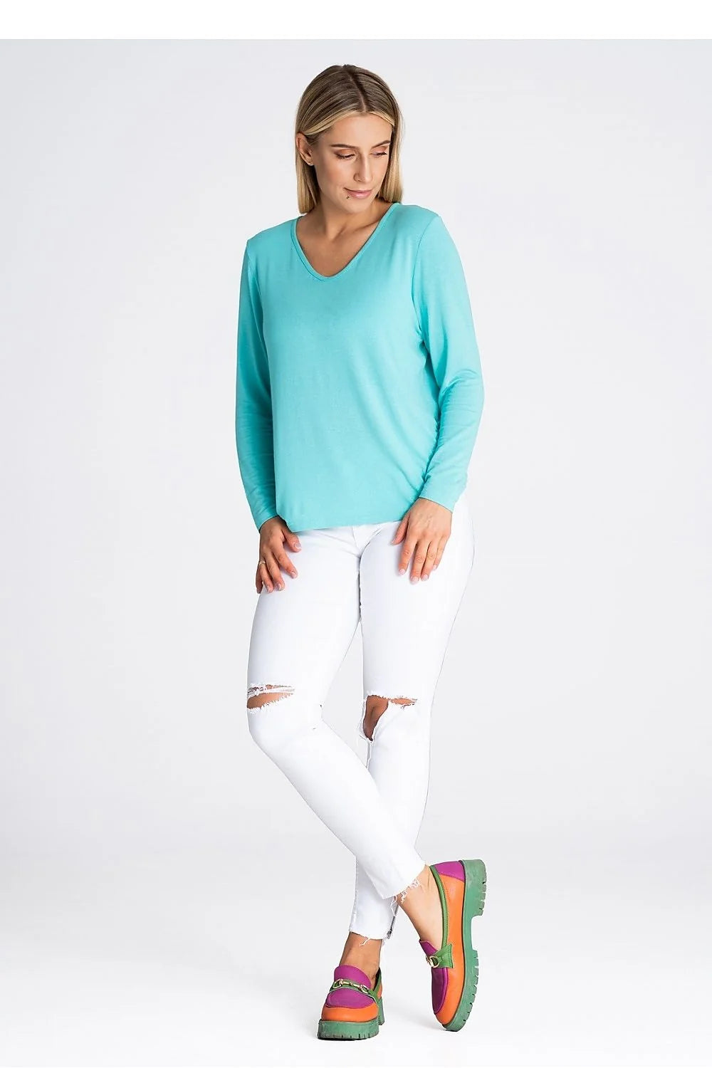 chemisier femme coupe décontractée légèrement ample manches longues colV viscose élasthanne doux soyeux respirant bleu pastel polyvalent élégant confortable entretien