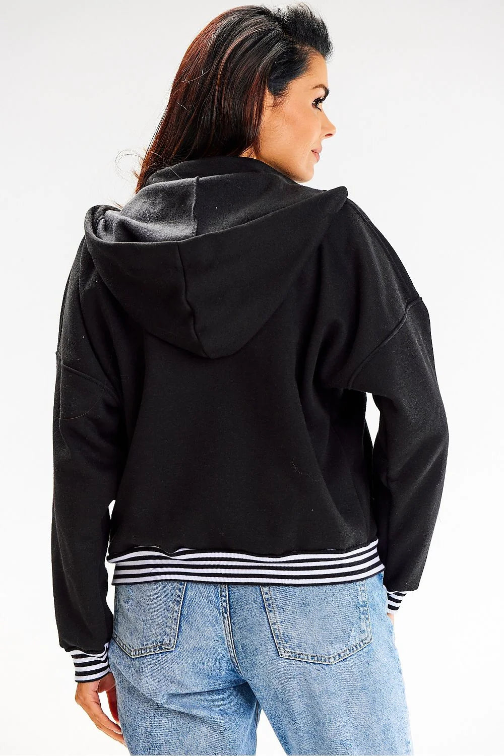 sweatshirt bomber femme capuche court coton élasthanne noir oversize molleton manches longues poignets côtelés rayures blanches pressions poches zippées sport