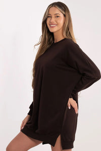robe sweat oversize femme brun chocolat col rond manches longues tombantes coupe courte coton molleton doux stretch bordcotes fenteslaterales