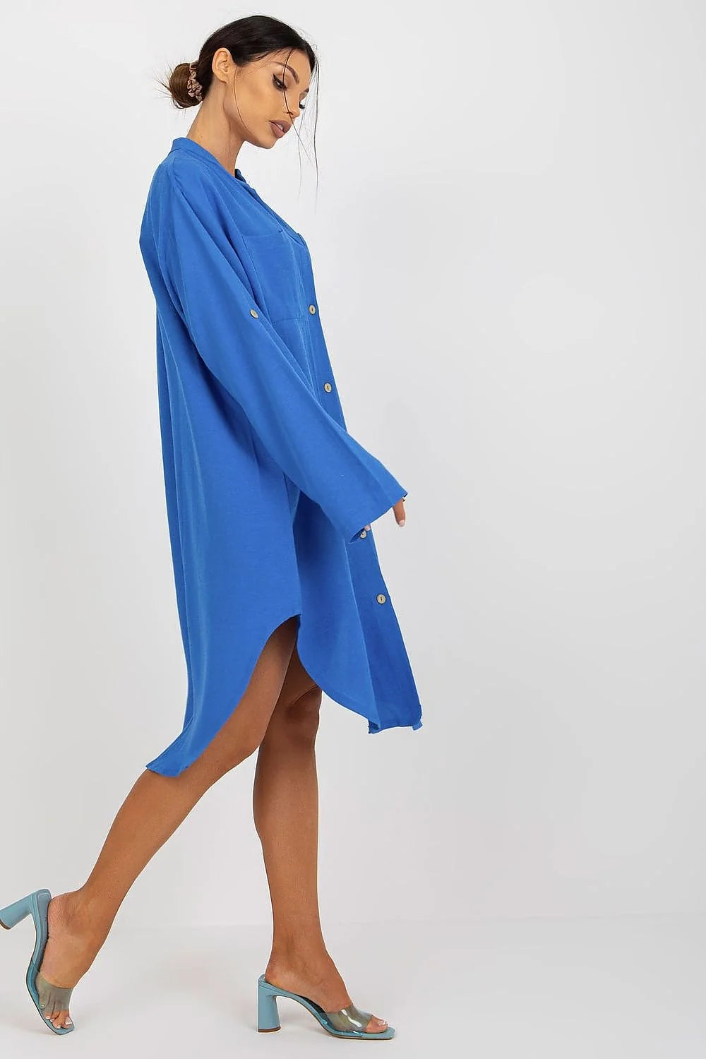 Robe chemise femme style décontracté robe Och Bella coton lin viscose bleu vif taille ajustable manches longues poches poitrine