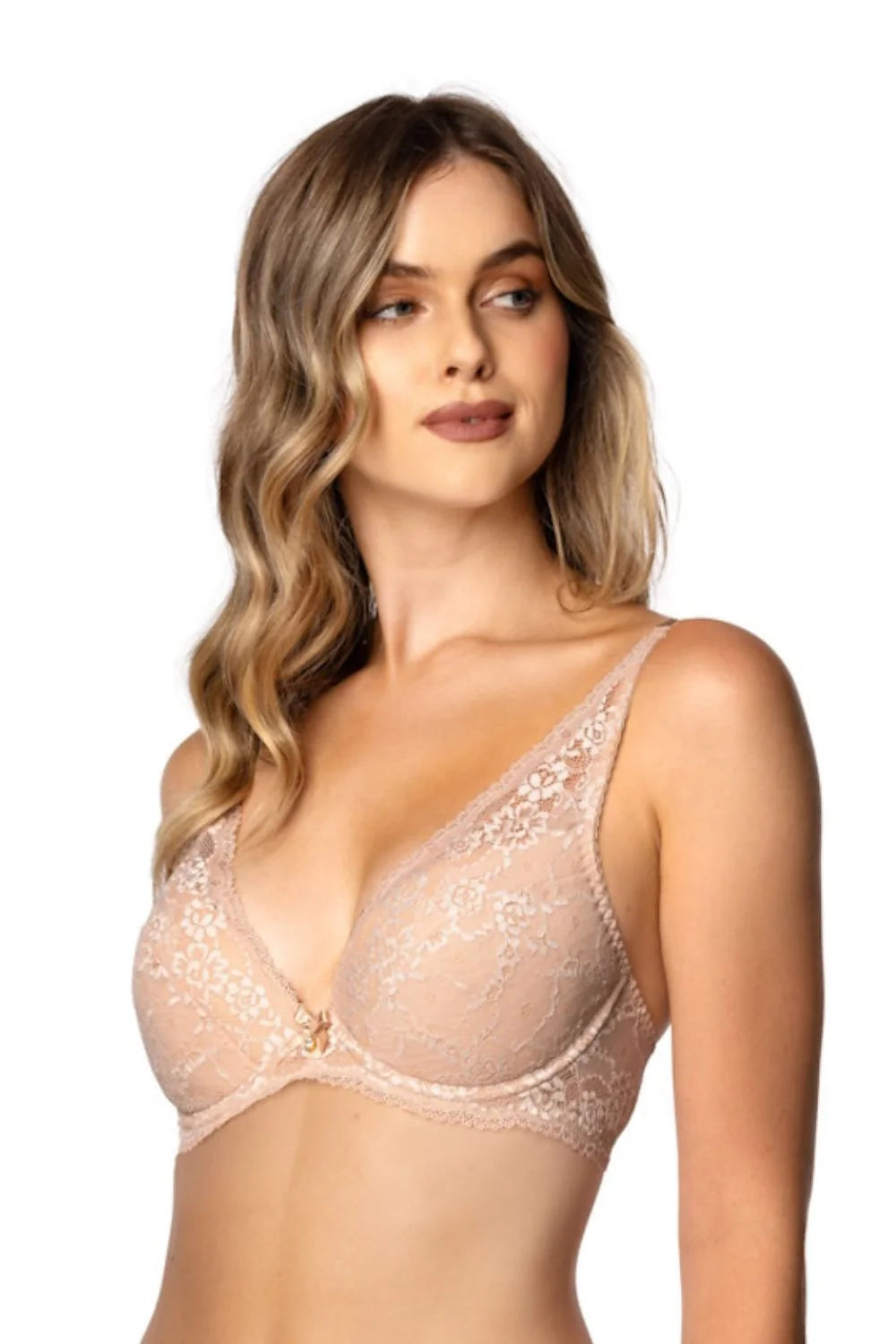 soutiengorge pushup Sonnet beige dentelle florale semitransparent armatures bonnets maintien rembourré bretelles réglables finitions festonnées tulle anneaux côtés