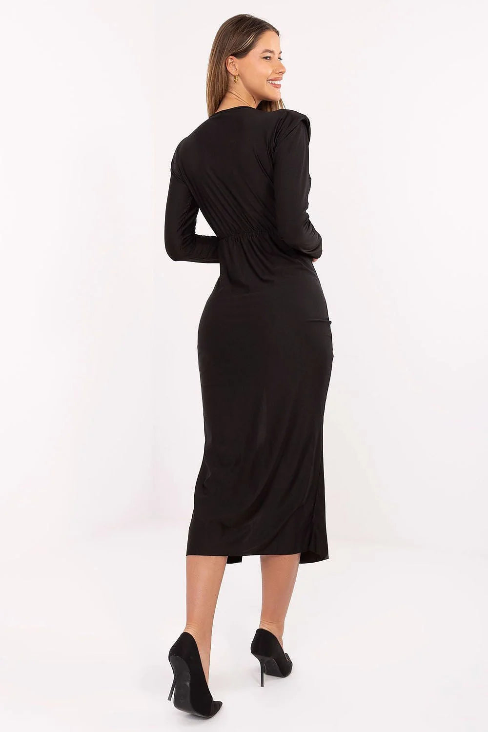 robe soirée crayon silhouette féminine élégante moderne viscose polyester confortable manches longues décolleté croisé drapé fronces boucle dorée