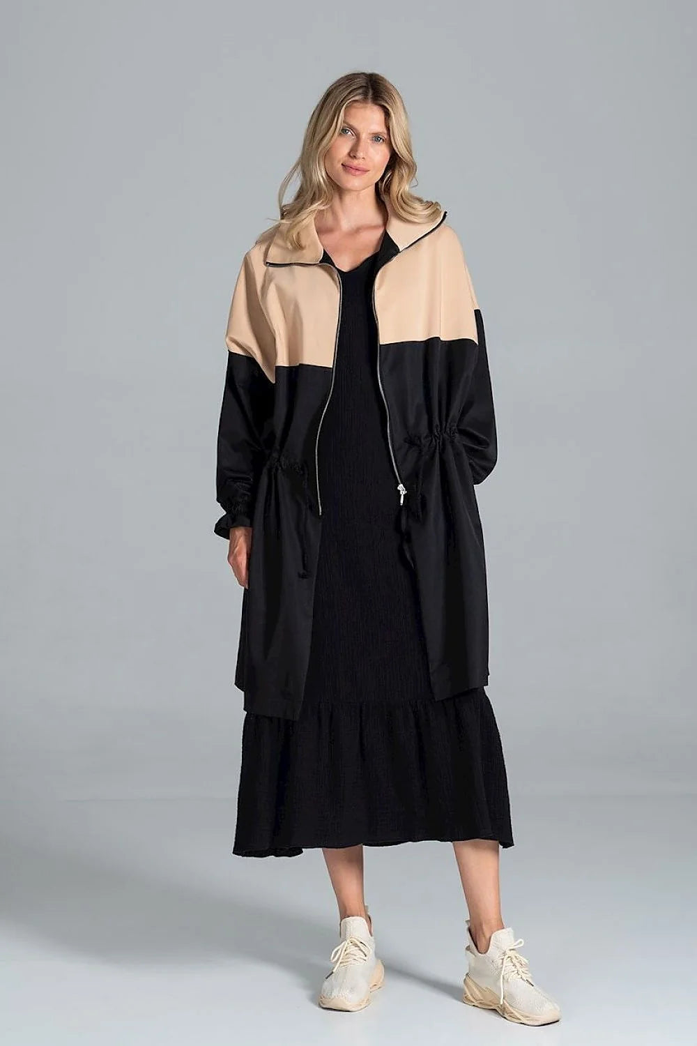 Manteau femme polyester bicolore gris clair beige long élégant urbain capuche mi-saison mode automne