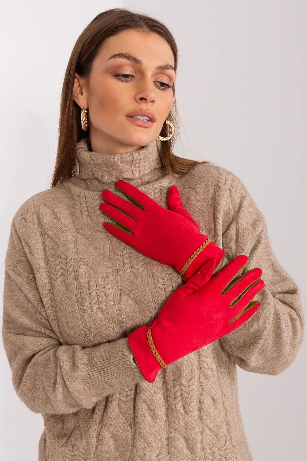 Gants élégants pour femmes, tissu lisse, empiècements contrastés, bretelles tressées, fleurs brodées, polyester-spandex, chaud et stylé