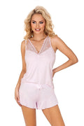 Pyjama féminin élégant en dentelle rose pâle ajusté décolleté V bretelles larges short élastique taille confortable loungewear chic