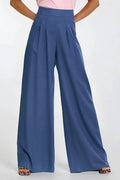 Pantalon femme long élégant coupe régulière taille haute jambes larges style moderne profesionnel soirée bleu profond